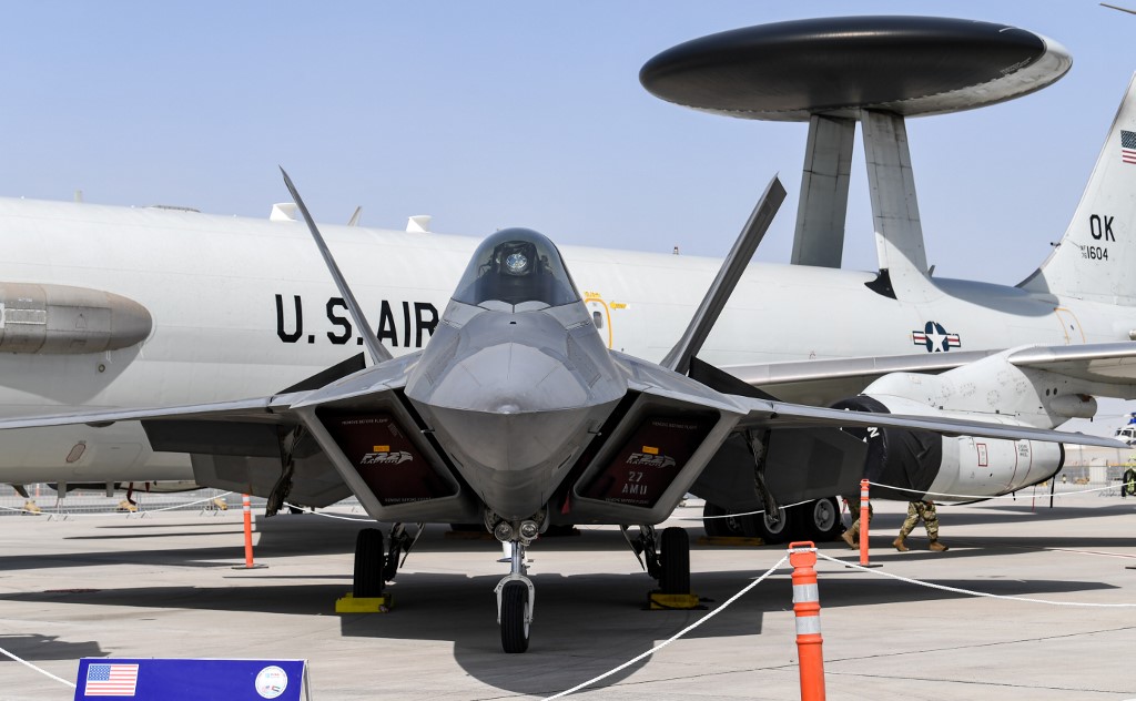 A Lockheed Martin F-22 Raptor all-weather stealth tactical fighter aircraft is on display at the Dubai Airshow in November 2019 (AFP)