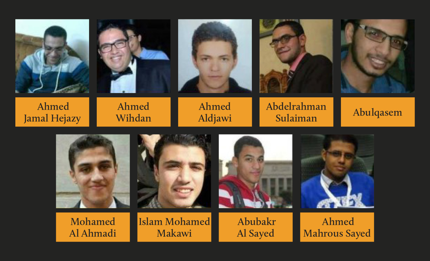 Mahmoud el-Ahmady, Abulqasim Youssef and Abubakr Ali (left to right) were executed last month despite testifying in 2016 that they were tortured and forced to confess to the killing of Hisham Barakat (Screengrab)