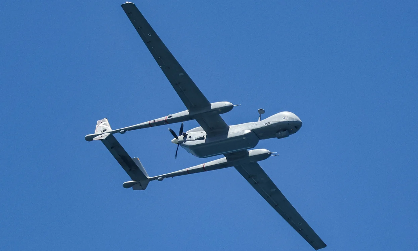 An Israeli Air Force IAI Eitan unmanned reconnaissance aircraft at an air show in Tel Aviv on 26 April 2023 (Jack Guez/AFP)