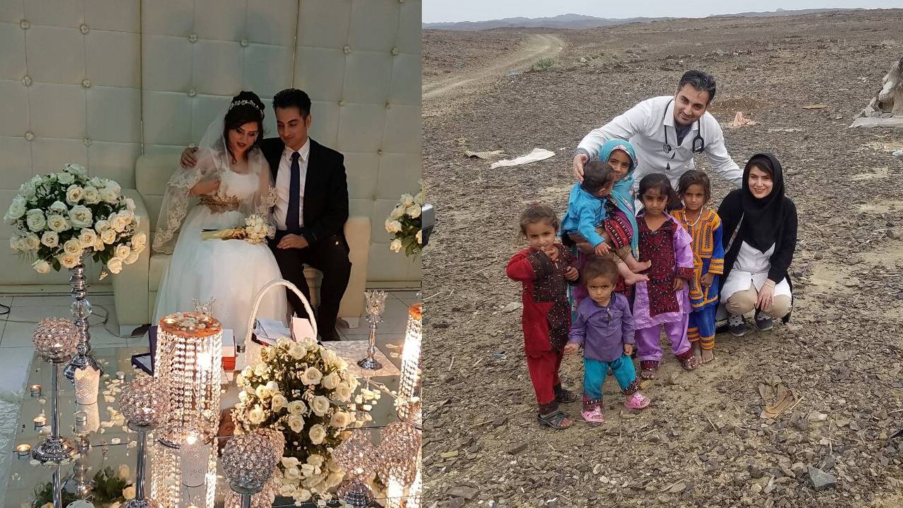 Left photo: Elham Nasrollahi and her husband Yaser on their wedding day. Right photo: Elham Nasrollahi and her husband Yaser pose with children in a village in Balochistan, Iran, where Yaser served his mandatory military service (Courtesy of Elham Nasrollahi)