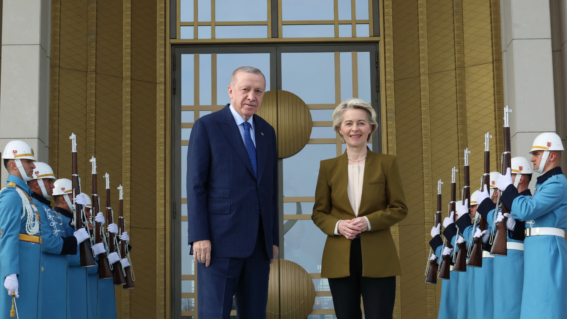 European Commission President Ursula von der Leyen with Turkish President Recep Tayyip Erdogan at the Presidential Palace in Ankara (Turkish Presidency/AFP)