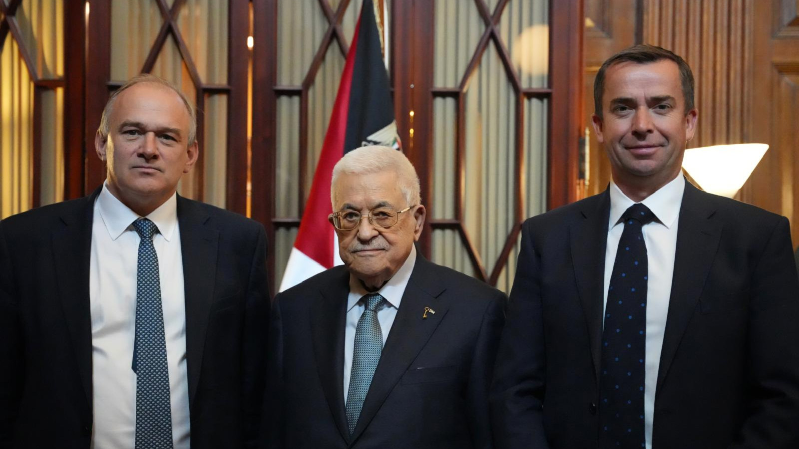 Liberal Democrat leader Ed Davey (L), Palestinian Authority President Mahmoud Abbas (C) and Liberal Democrat Foreign Affairs Spokesperson Calum Miller in September 2025. (Liberal Democrats/Supplied)