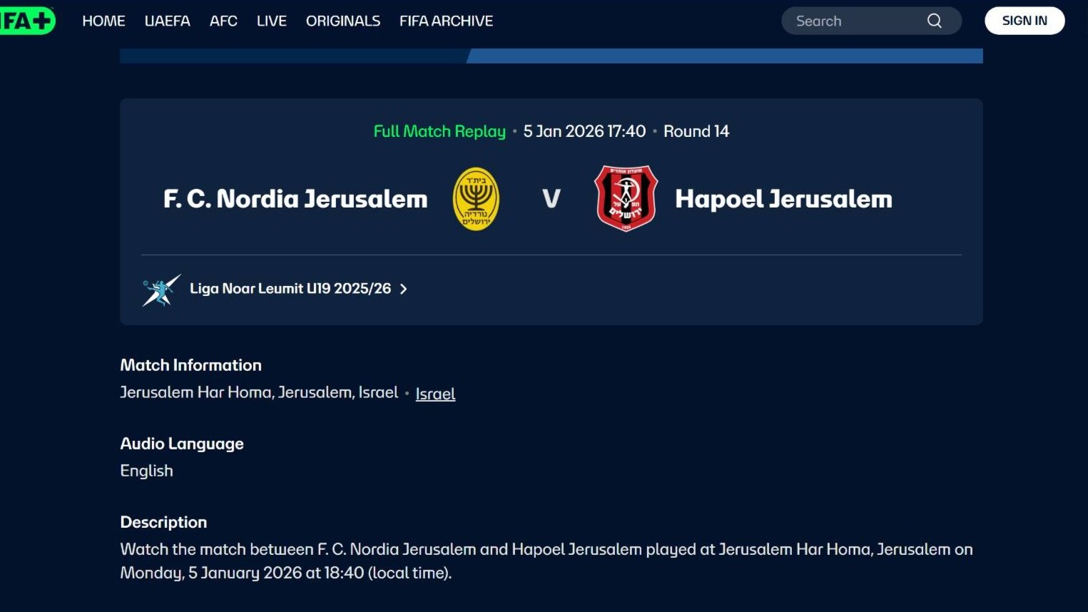 This screengrab shows the Fifa+ website carrying matches played at the Har Homa stadium in occupied East Jerusalem in early January 2026 (Fifa+)