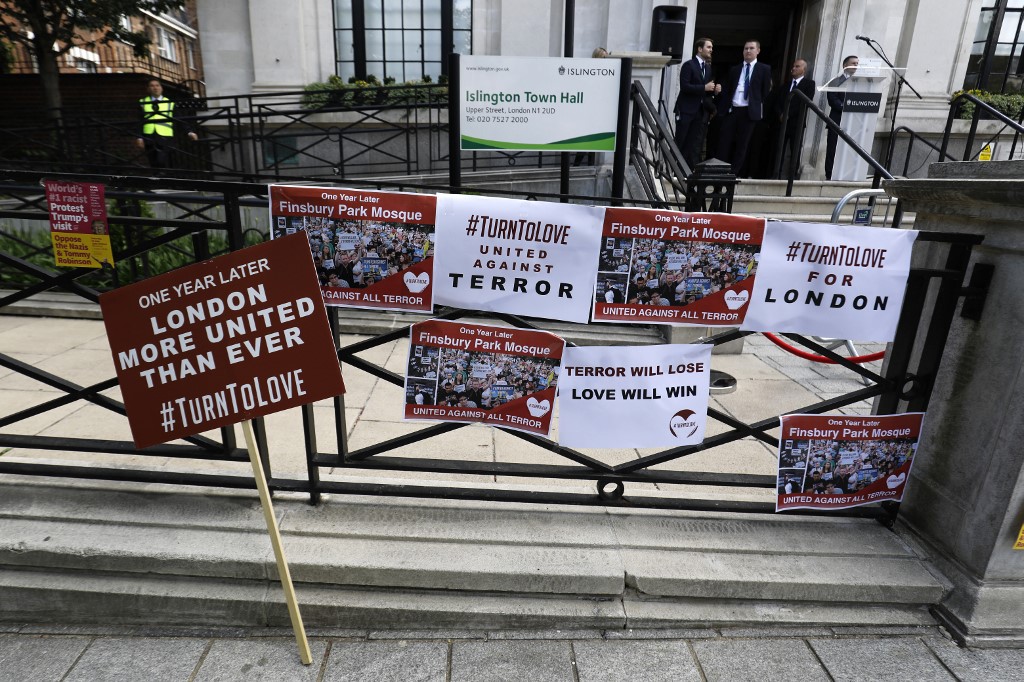Banners mark the anniversary of the Finsbury park attack in London in June 2018 (AFP)