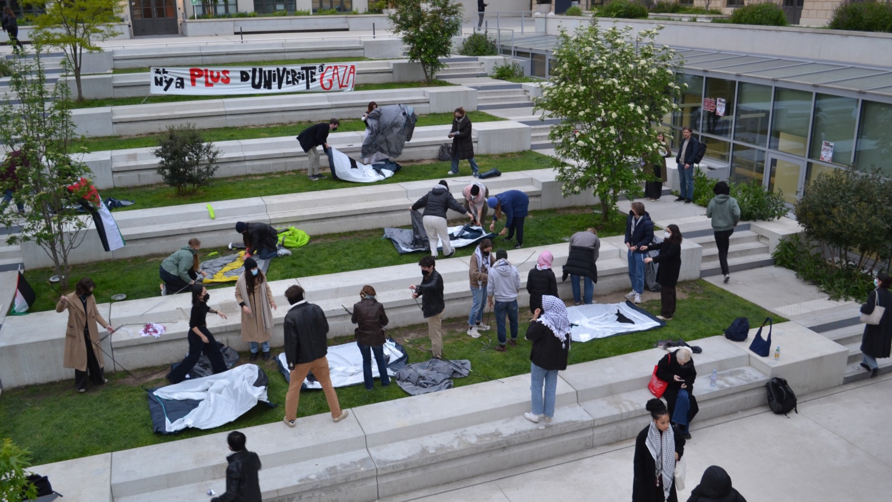 Students set up an encampment at the elite Sciences Po University in Paris before administrators called in police to break up the protest on 24 April 2024 (MEE/Sania Mahyou)