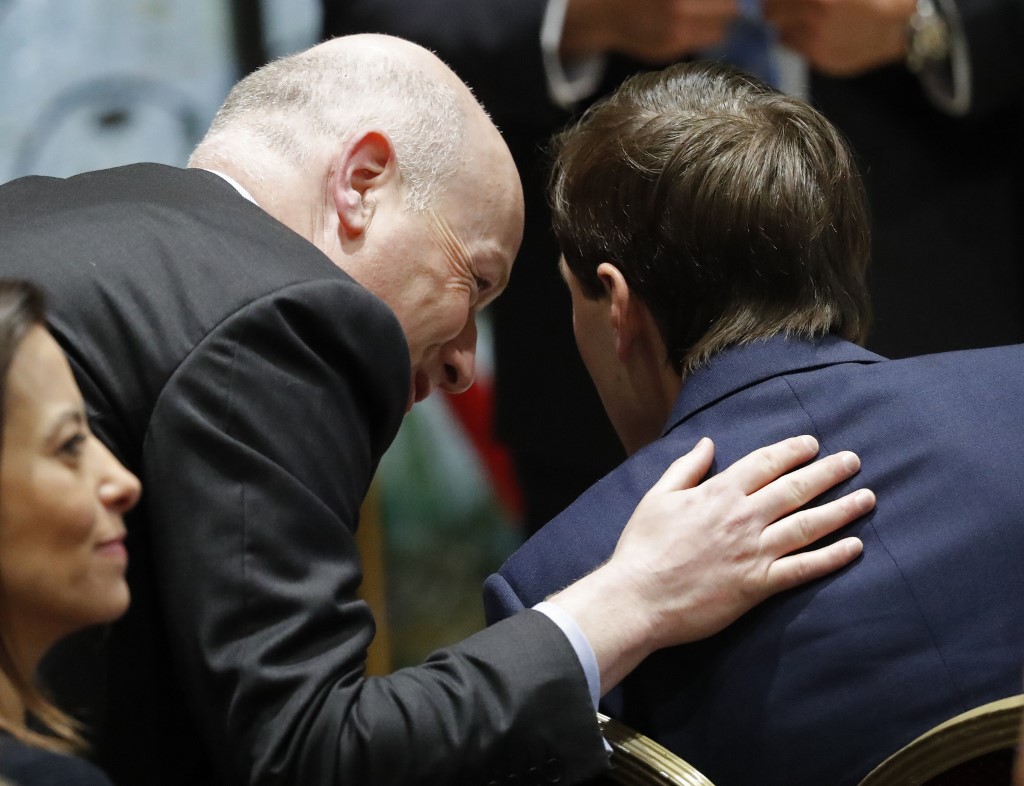 US special representative Jason Greenblatt speaks to Kushner during a press conference in Jerusalem in May 2017 (AFP)