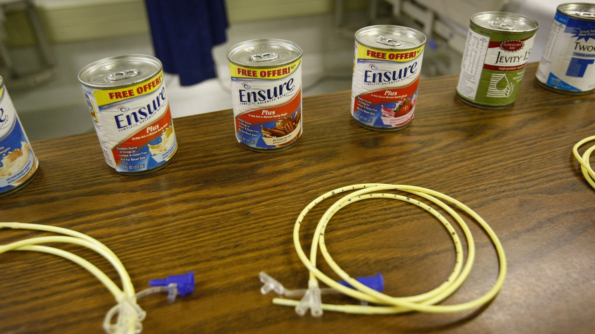Nasal feeding tubes, like those used to feed detainees on hunger strike, sit on display in the hospital at Guantanamo Bay on 27 October 2009 (John Moore/Getty Images/AFP)