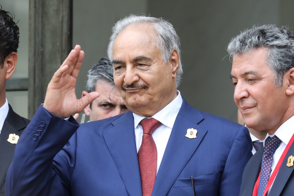 General Khalifa Haftar attends a conference on Libya in Paris on 29 May 2018 (AFP)
