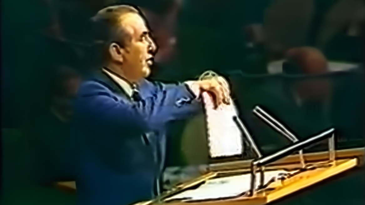 Israeli Ambassador to the UN Chaim Herzog tears up the ‘Zionism is racism’ resolution during his General Assembly speech, 10 November 1975 (still from video/Israel Ministry of Foreign Affairs)