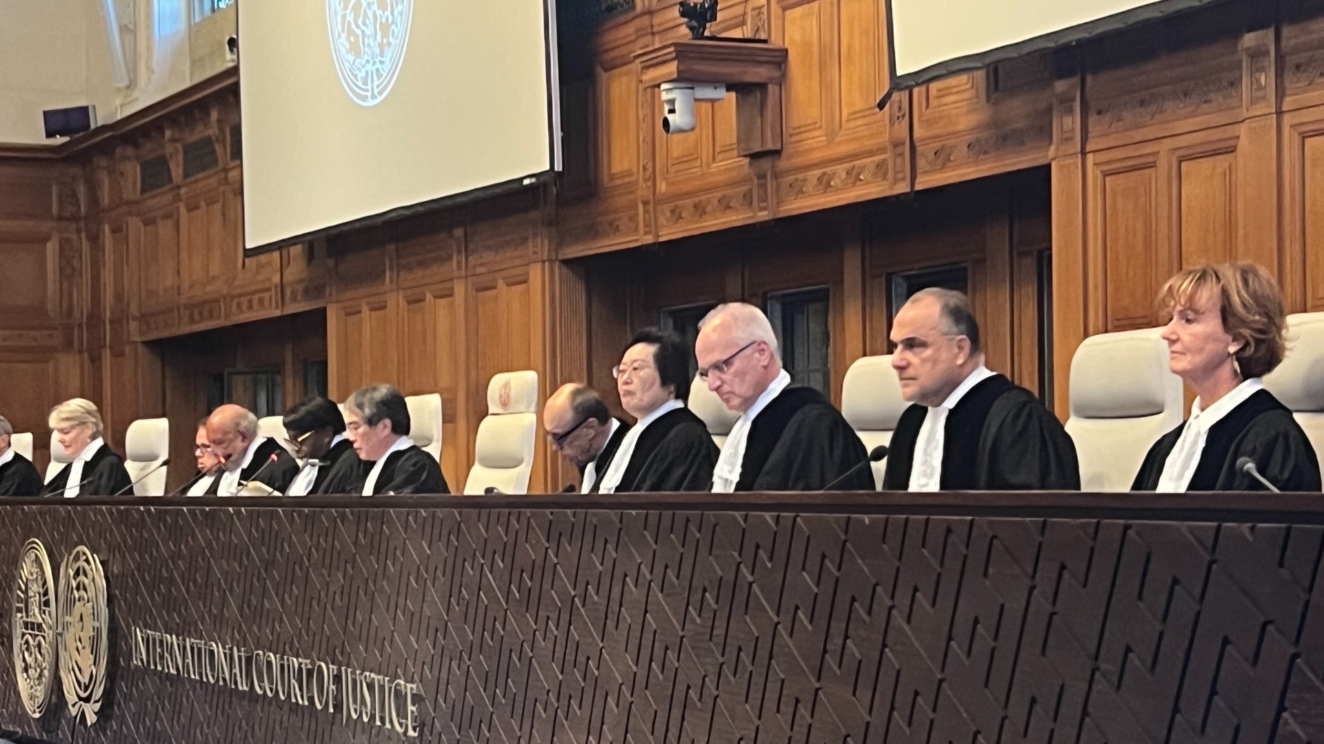 ICJ judges hear the UK during its intervention before the court on 1 May 2025, The Hague (Sondos Asem/MEE)