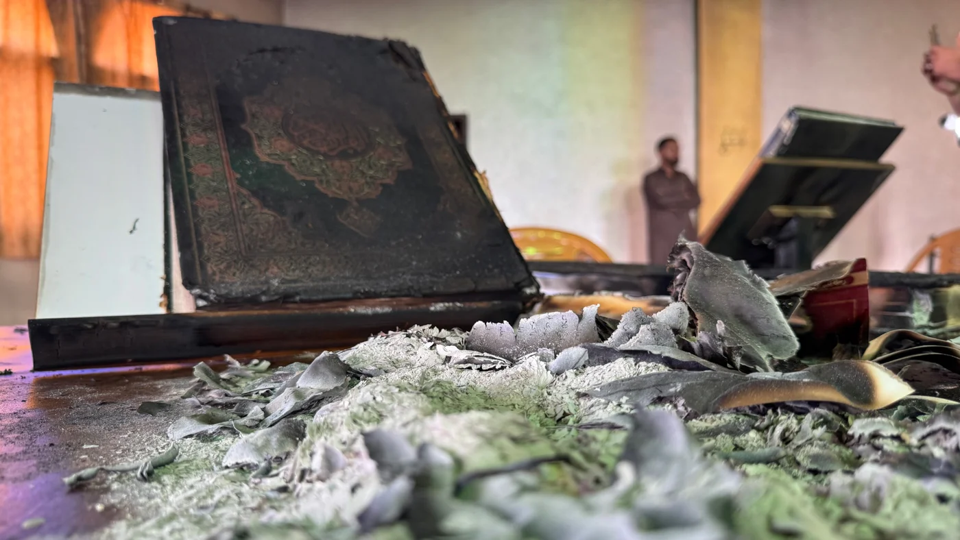 Aftermath of Israeli settlers' arson and graffiti attack on mosque in the town of Deir Istiya in Salfit, northern West Bank, on 13 November 2025 (MEE/Hisham Abu Shaqrah)