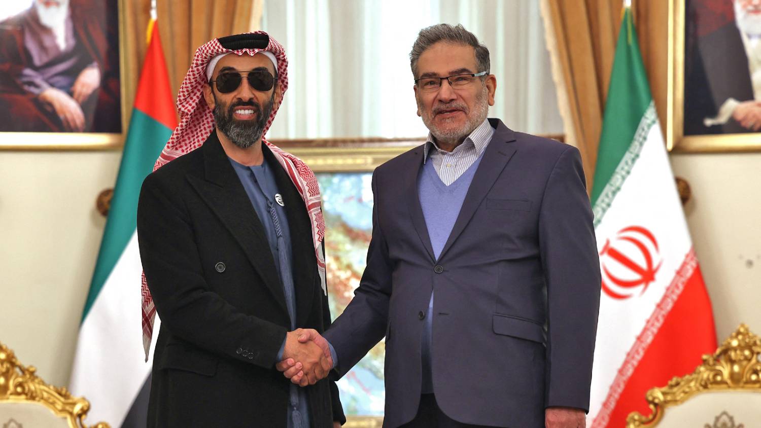 AFP Photo Document reference000_9U368F SLUGIRAN - UAE - DIPLOMACY Creation date12/6/2021 CountryTEHRAN, IRAN CreditATTA KENARE / AFP File size/pixels/dpi18.04 Mb / 3078 x 2049 / 300 dpi Ali Shamkhani (R), Iran's Secretary of the Supreme National Security Council, welcomes Sheikh Tahnoun bin Zayed al-Nahyan (L), the United Arab Emirates' (UAE) National Security Adviser, in Tehran on December 6, 2021.