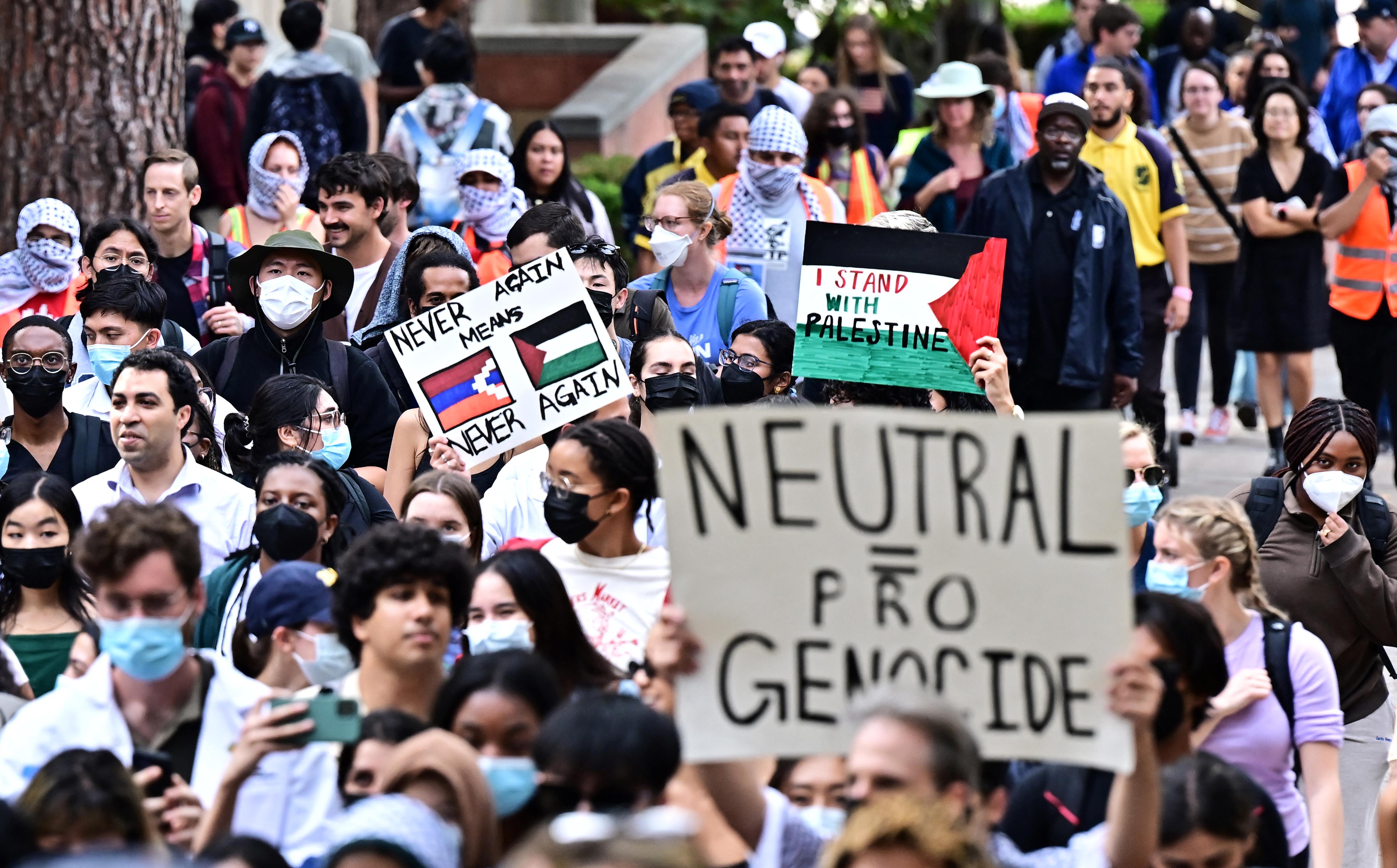 Students participate in a 'Walkout to fight Genocide and Free Palestine' at Bruin Plaza at UCLA (University of California, Los Angeles) in Los Angeles on 25 October 2023 (Frederic J. Brown/AFP)