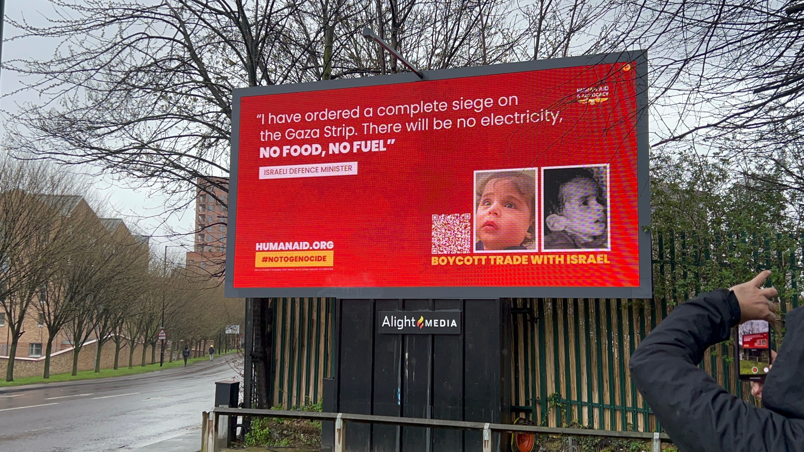 Human Aid and Advocacy has bought spots in 98 locations across the United Kingdom for its #notogenocide campaign (MEE/Areeb Ullah)
