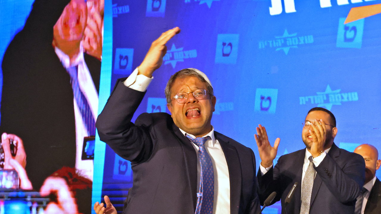  Itamar Ben-Gvir, the leader of Israel’s far-right Jewish Power party, addresses supporters in Jerusalem on 2 November 2022 (AFP)