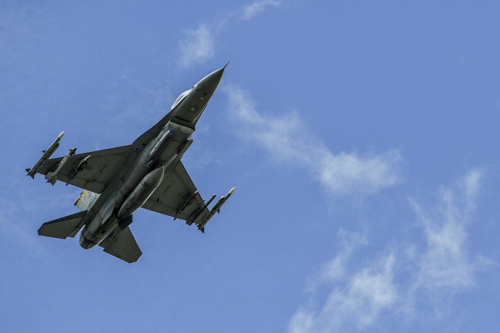 A US Air Force F-16 aircraft is pictured in Colombia on 12 July 2021 (AFP)