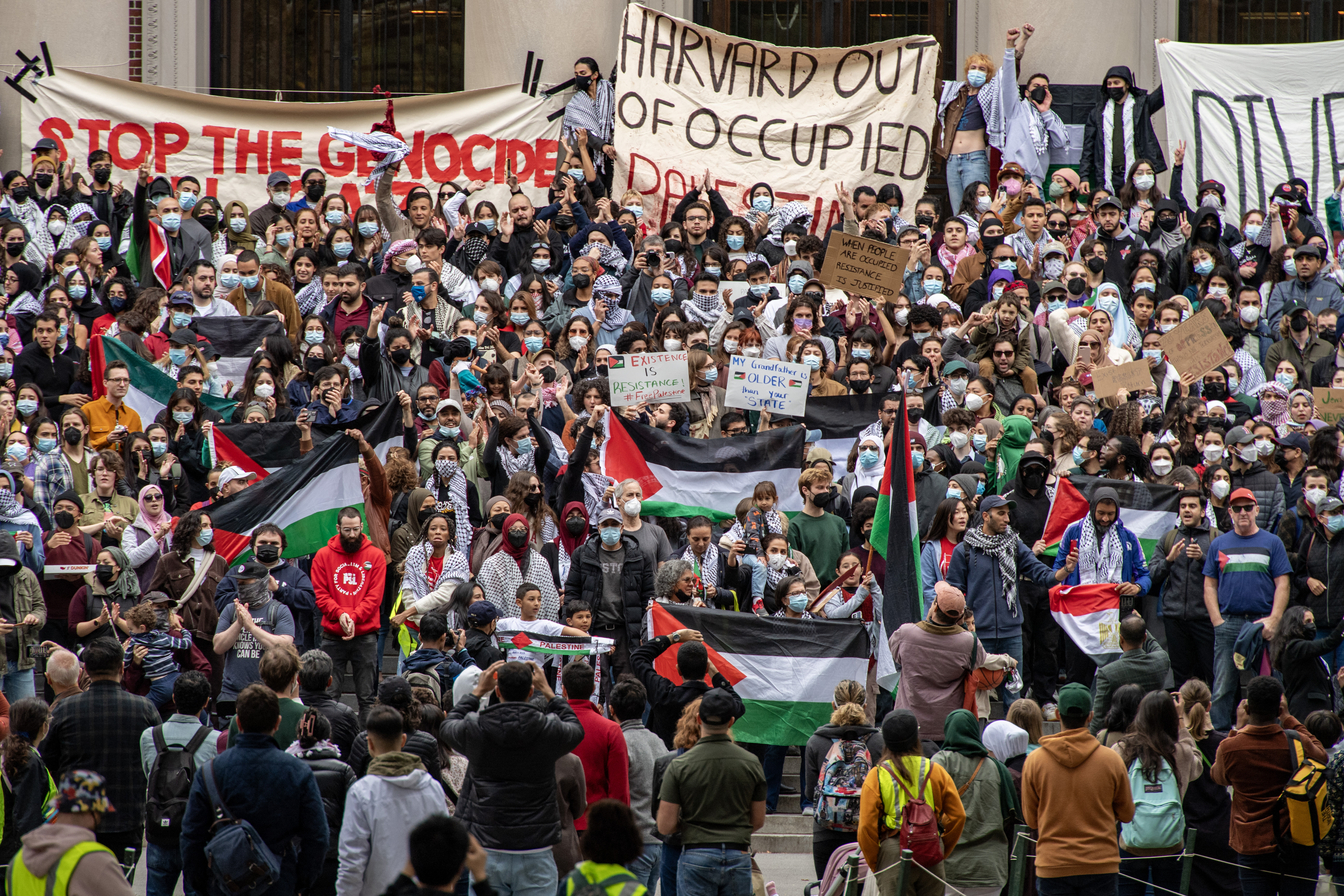 Supporters of Palestine gather at Harvard University to show their support for Palestinians in Gaza at a rally in Cambridge, Massachusetts, on 14 October 2023 (Joseph Prezioso/AFP)