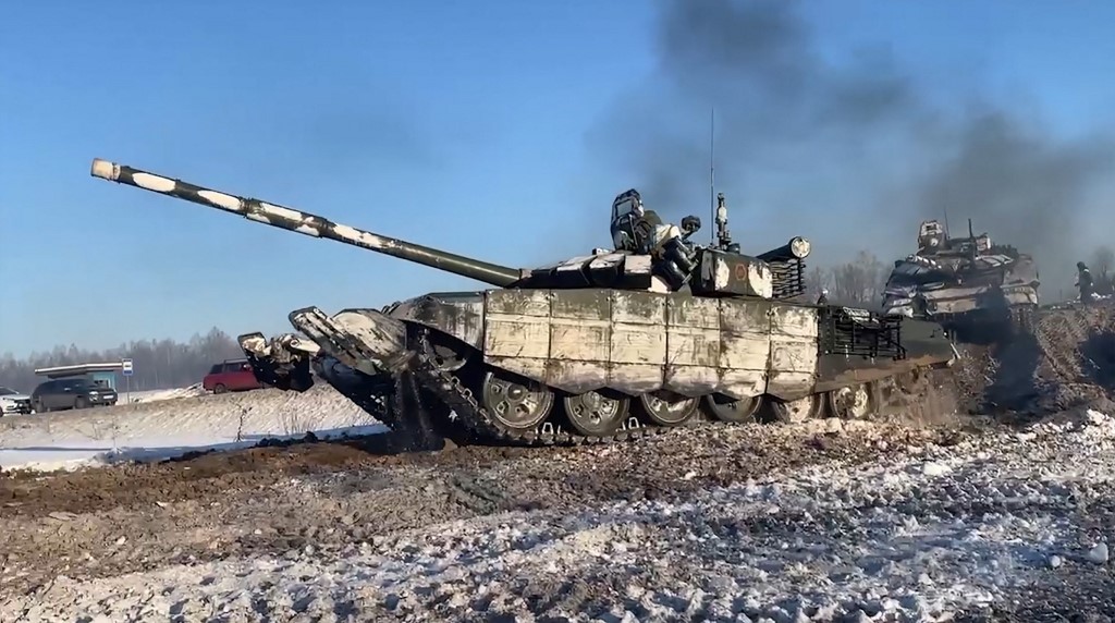 Russian tanks leave Belarus on 15 February 2022 (Russian Defence Ministry/AFP)