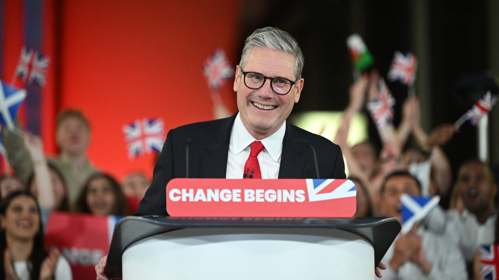 Labour leader Keir Starmer delivers a speech during a victory rally in London early on Friday (Justin Tallis/AFP)