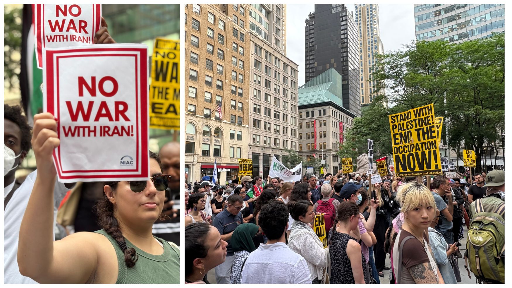 Protesters carried placards calling for the U.S to deescalate from (Azad Essa/MEE) 