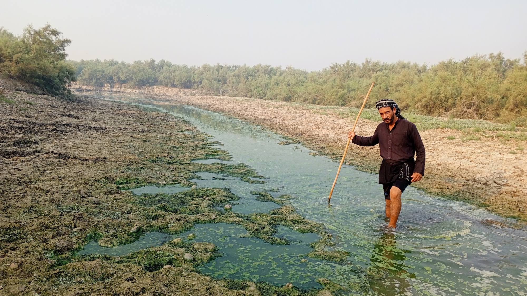 Resident Hashem al-Sarray crosses one of the primary waterways that has historically fed Iraq's Hawizeh Marshes, in March 2026 (MEE/Tamara Imad)