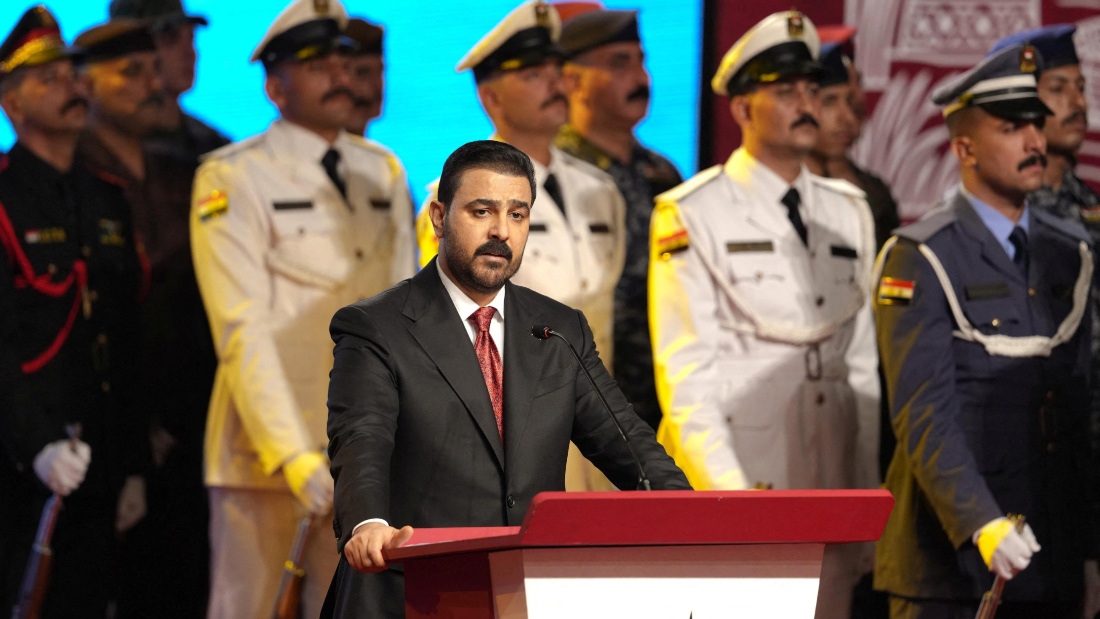 Iraqi Prime Minister Ali al-Zaidi delivers a speech during the Sovereignty Day Conference marking the withdrawal of US-led coalition forces from Iraq, in Baghdad, on 1 October 2026 (Reuters)