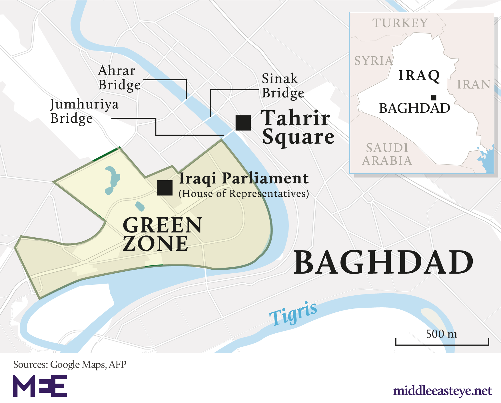 Protestors have moved to major bridges in Iraq to protest corruption in the country (MEE Graphics)
