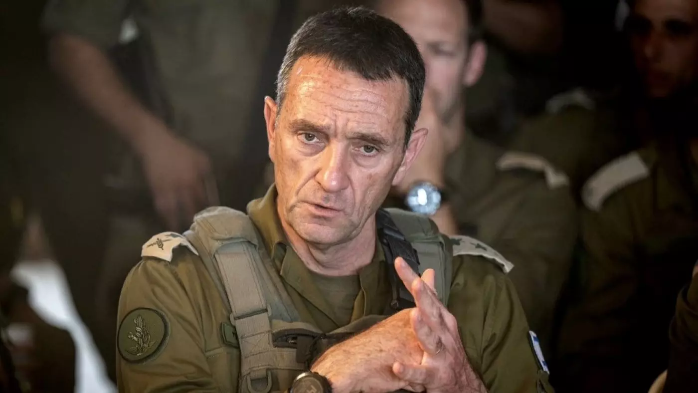 Israeli army chief Herzi Halevi addressing officers along the northern border with Lebanon on 26 June 2024 (AFP)