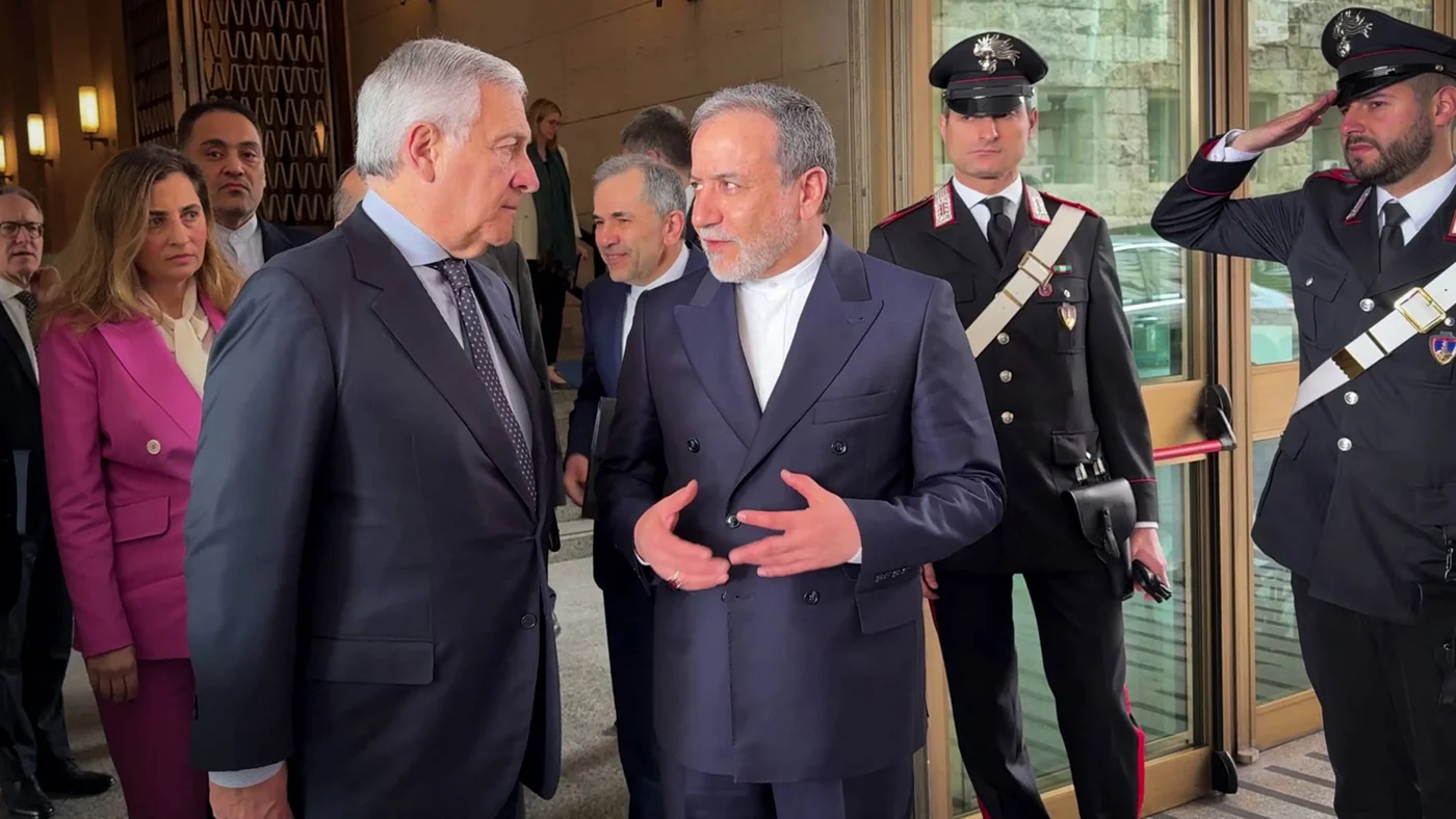Italy's Foreign Minister Antonio Tajani (L) meets with Iranian Foreign Minister Abbas Araghchi