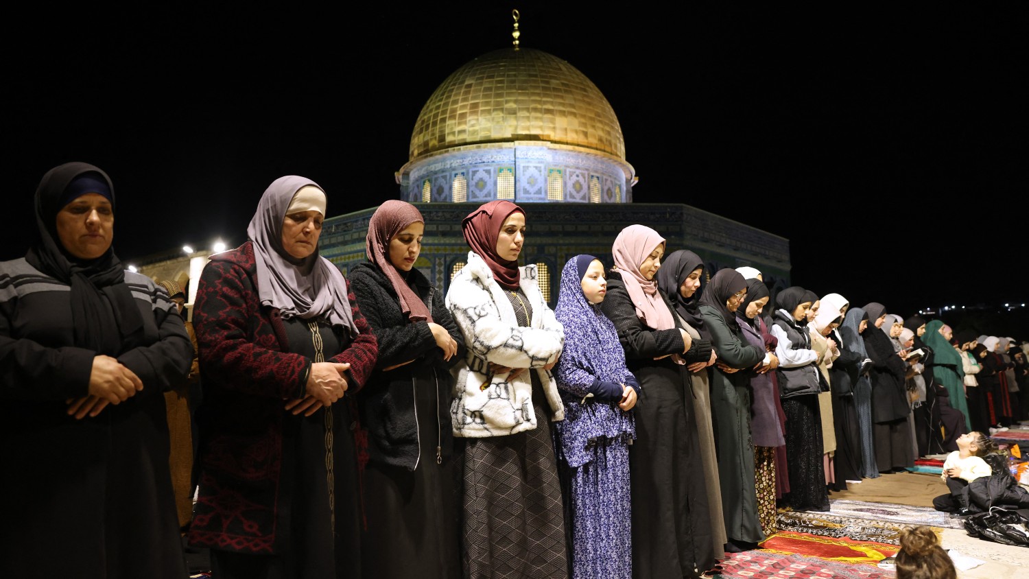 Worshippers gather to pray at Al-Aqsa Mosque compound during the Muslim holy month of Ramadan on 11 March 2024.