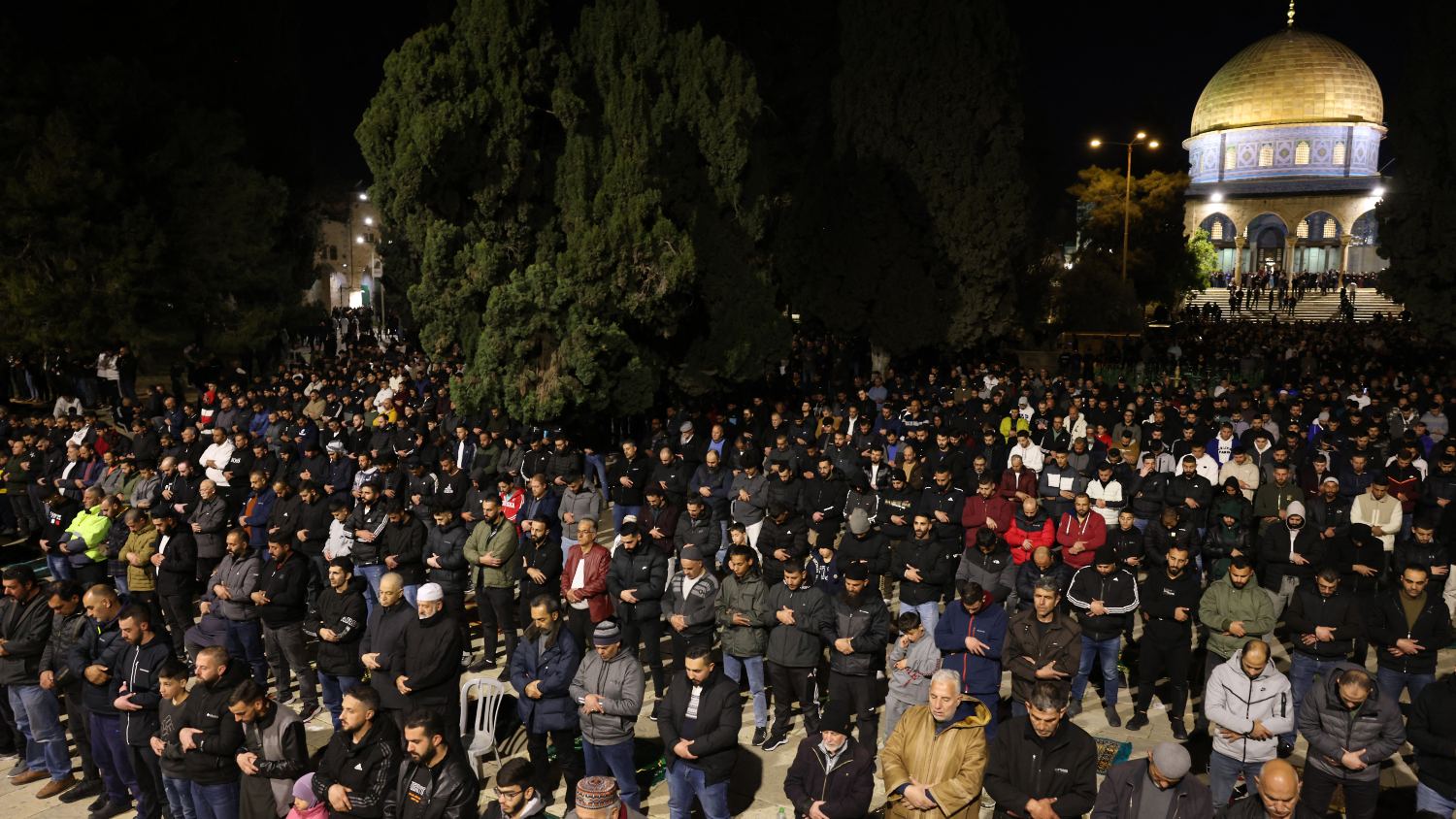 Worshippers gather to pray at Al-Aqsa Mosque compound during the Muslim holy month of Ramadan on 11 March 2024.