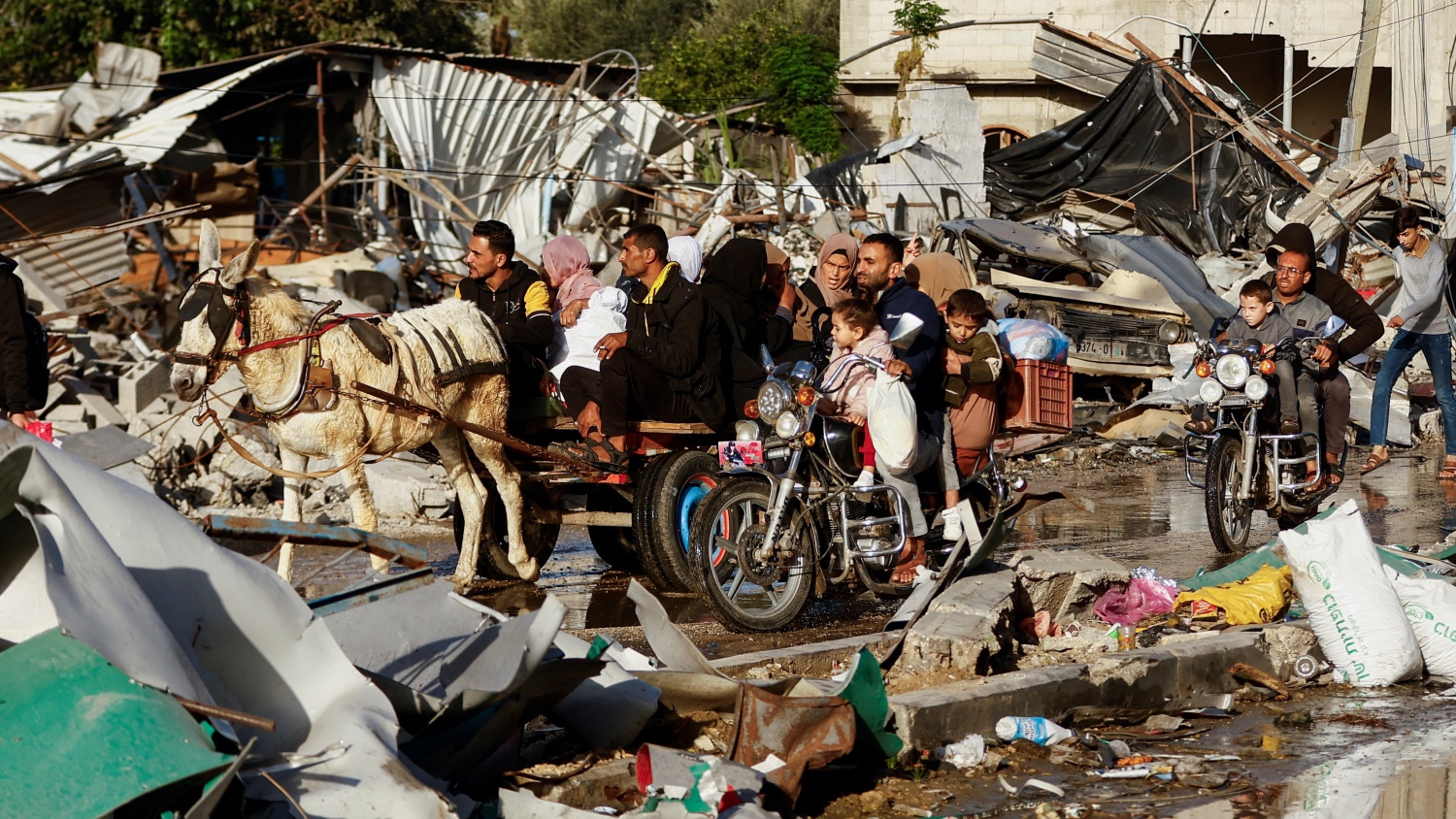 Displaced Palestinians ride on a donkey cart as they return to their home, during a temporary truce between Hamas and Israel, in Khan Younis in the southern&nbsp;Gaza&nbsp;Strip, on 24 November 2023.