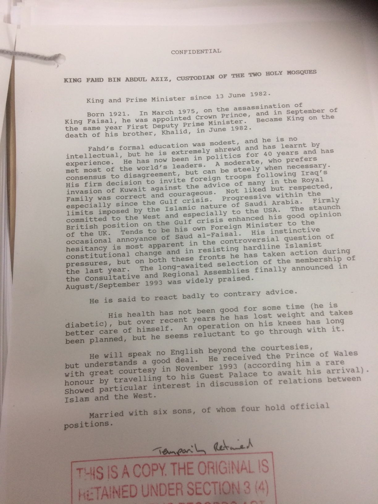 Note de la diplomatie britannique décrivant le roi Fahd, qui a dirigé l’Arabie saoudite de 1982 à 2005