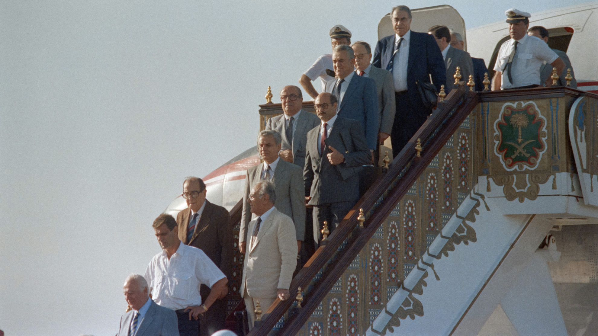 Lebanese MPs get off the plane upon their arrival on 29 September 1989 in the Saudi city of Taif, before attending the conference intended to end the Lebanese civil war (AFP)