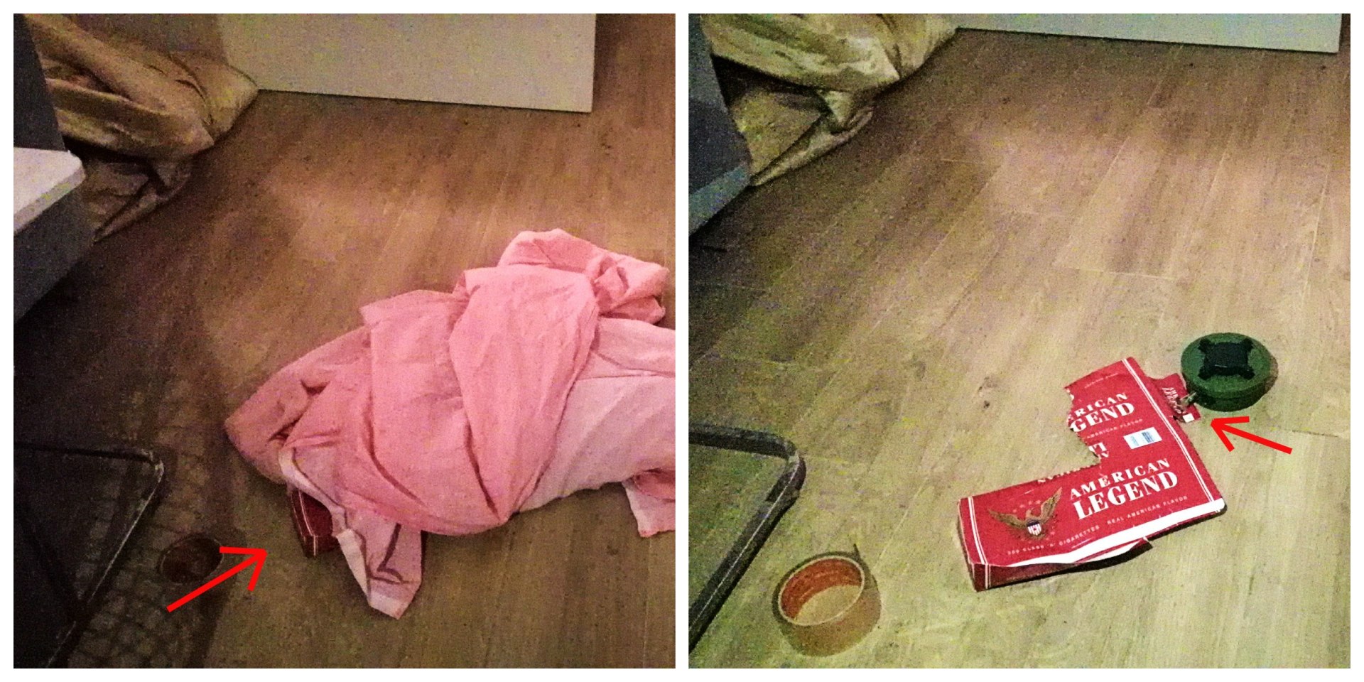 A Russian PMN-2 mine beneath a blanket attached to a cigarette carton (MEE/Daniel Hilton)