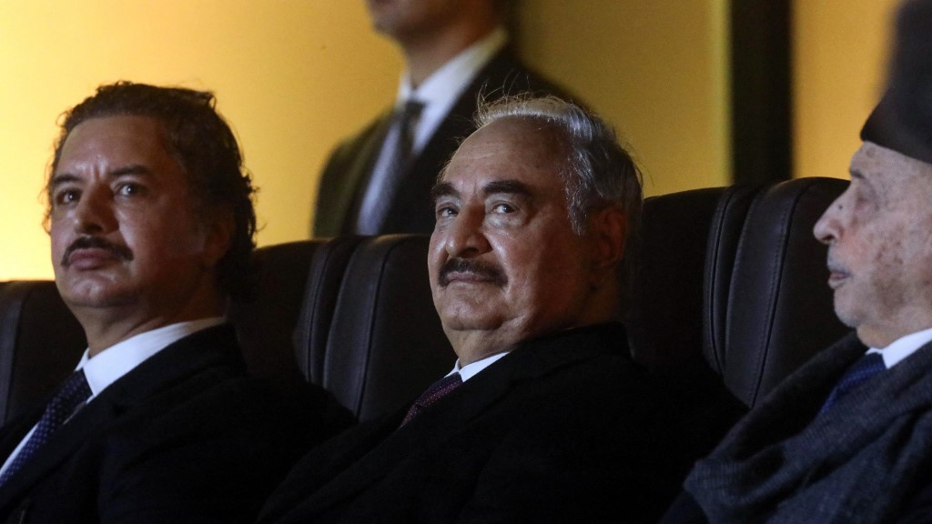 Libyan strongman Khalifa Haftar (C) is pictured in Benghazi on 20 February 2025 (Abdullah Doma/AFP)