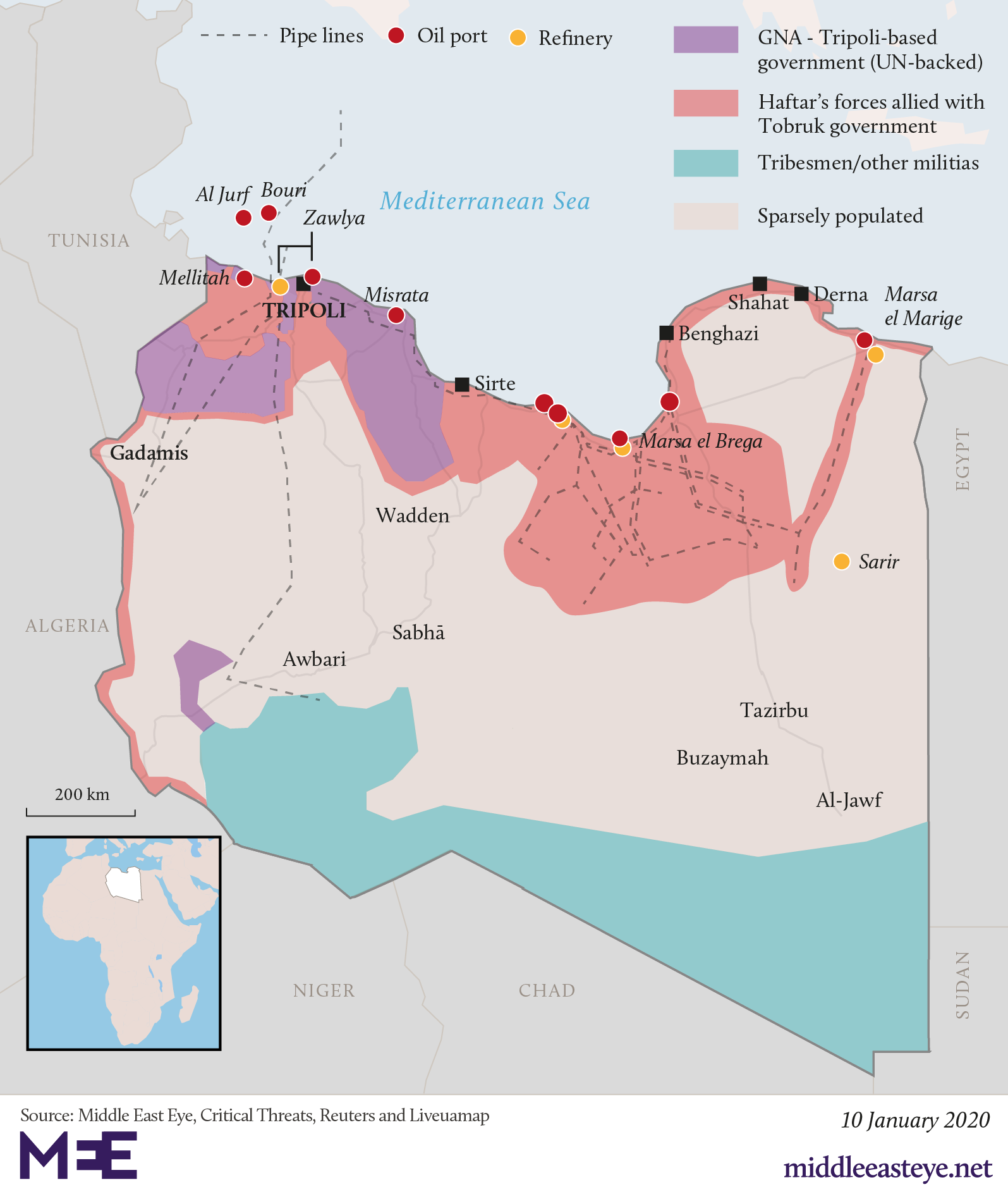 A map of the Libya conflict.