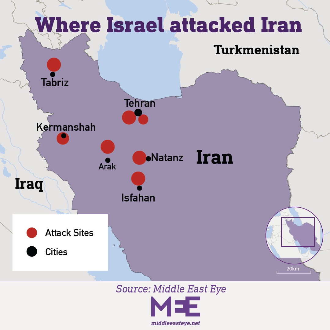 Map of where Israel attacked Iran