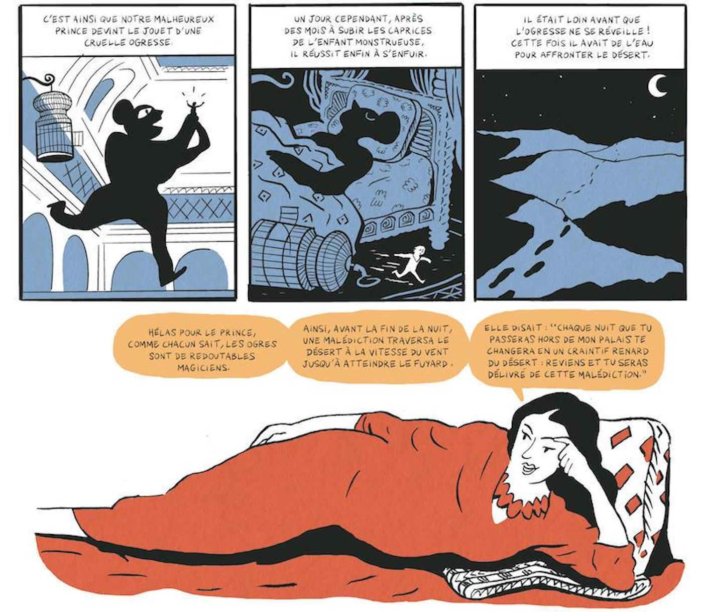 Pour mettre en images l’histoire narrée par Zohra, seuls sont utilisés le noir, le blanc et le bleu, ce qui renvoie au contexte nocturne et onirique des célèbres contes ancestraux (avec l’aimable autorisation de Dargaud)
