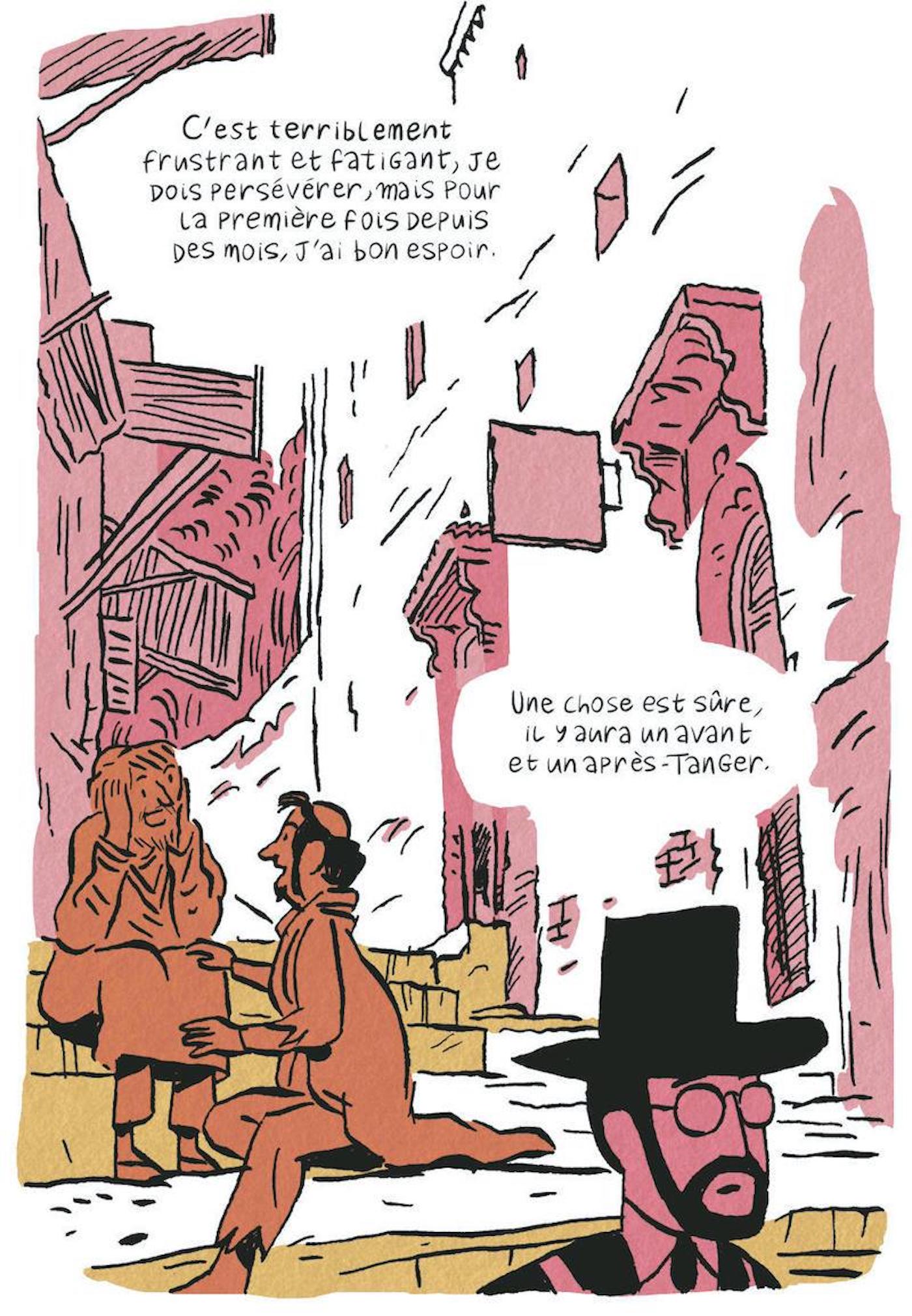 Le peu de documentation et de témoignages relatifs aux séjours de Matisse à Tanger n’offre guère à Fabien Grolleau la possibilité de coller au plus près à la réalité (avec l’aimable autorisation de Dargaud)