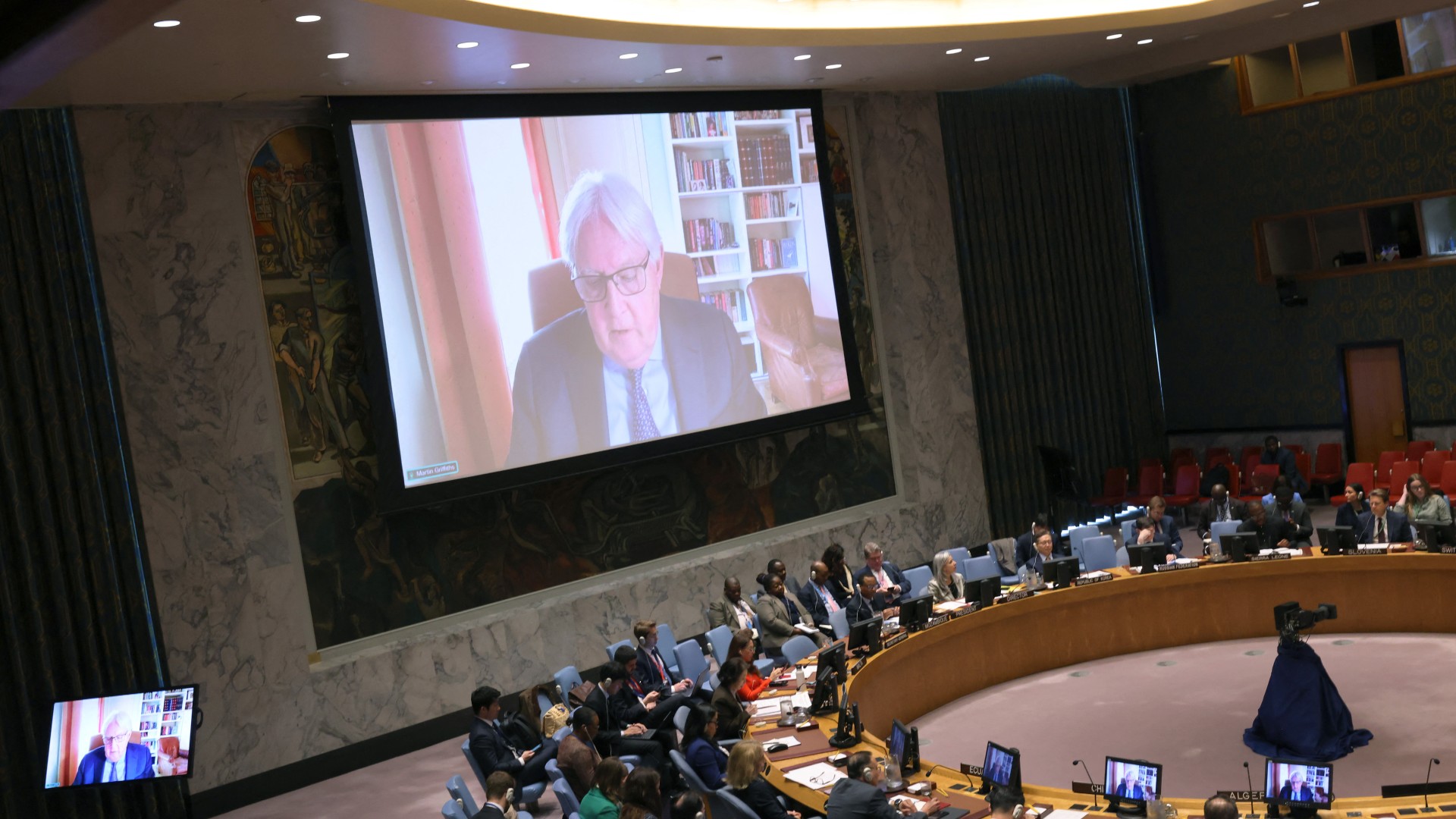 Members of the United Nations Security Council listen as Under-Secretary-General for Humanitarian Affairs and Emergency Relief Coordinator Martin Griffiths speaks during a meeting on the war in Gaza on at the United Nations headquarters May 13, 2024 in New York City.