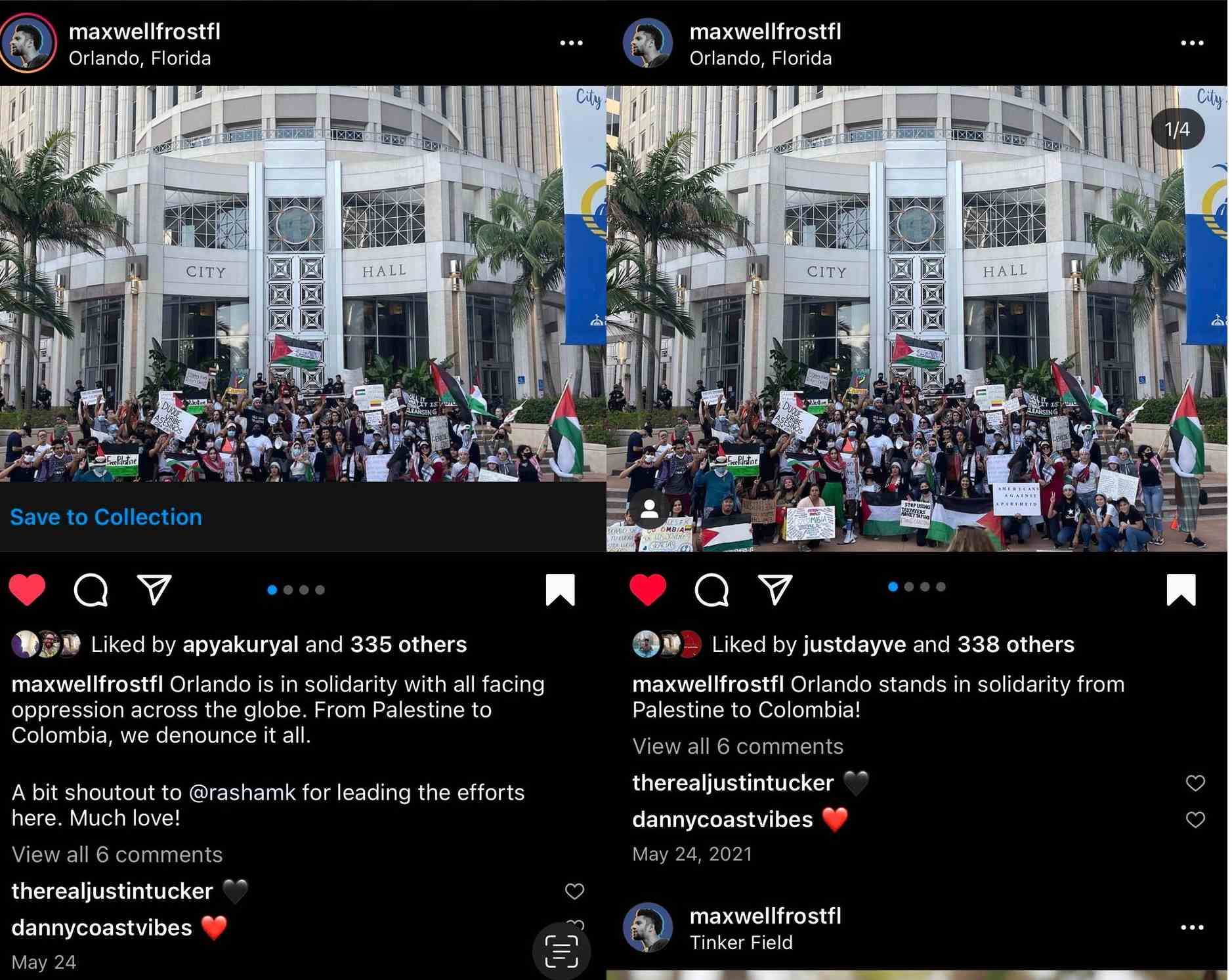 Instagram post showing the removal of a reference to Palestinian American organiser Rasha Mubarak.