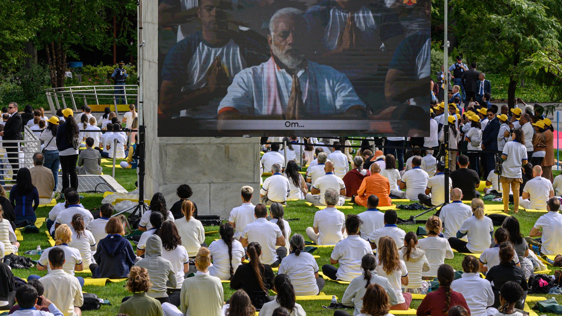 Modi leads a session during International Yoga day at United Nations headquarters in New York City on June 21, 2023. [AFP]