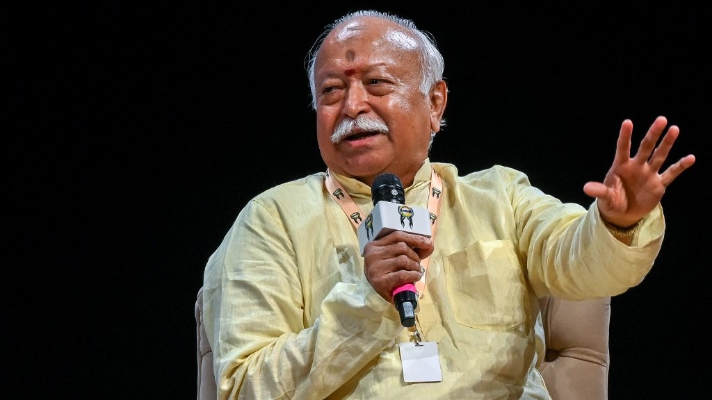 Rashtriya Swayamsevak Sangh (RSS) chief Mohan Bhagwat speaks during the India International Movement to Unite Nations (IIMUN) event in Mumbai on August 6, 2026 (Punit Paranjpe/AFP) 