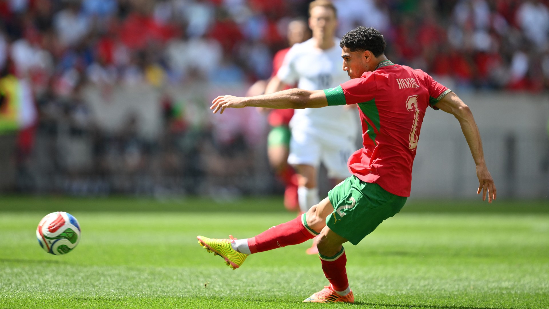 Morocco's Achraf Hakimi shoots on goal during the international friendly with Norway at Sports Illustrated Stadium in Harrison, New Jersey, on 7 June 2026 (AFP/Angela Weiss)