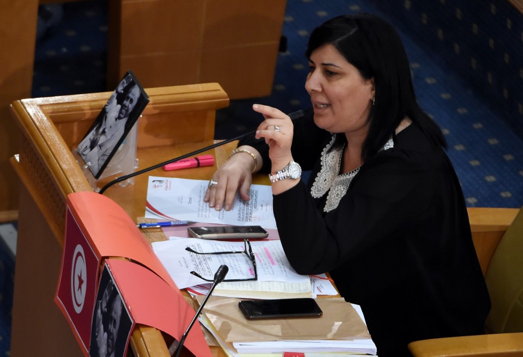 Tunisian politician Abir Moussi attends a plenary session on 3 June (AFP)