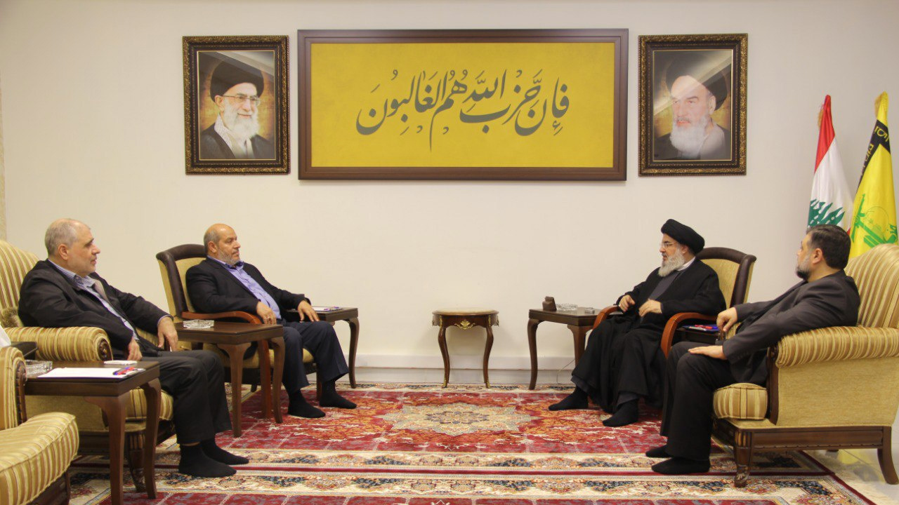 Hezbollah chief Hassan Nasrallah meeting with Hamas officials in Lebanon on 15 May 2024 (Telegram)