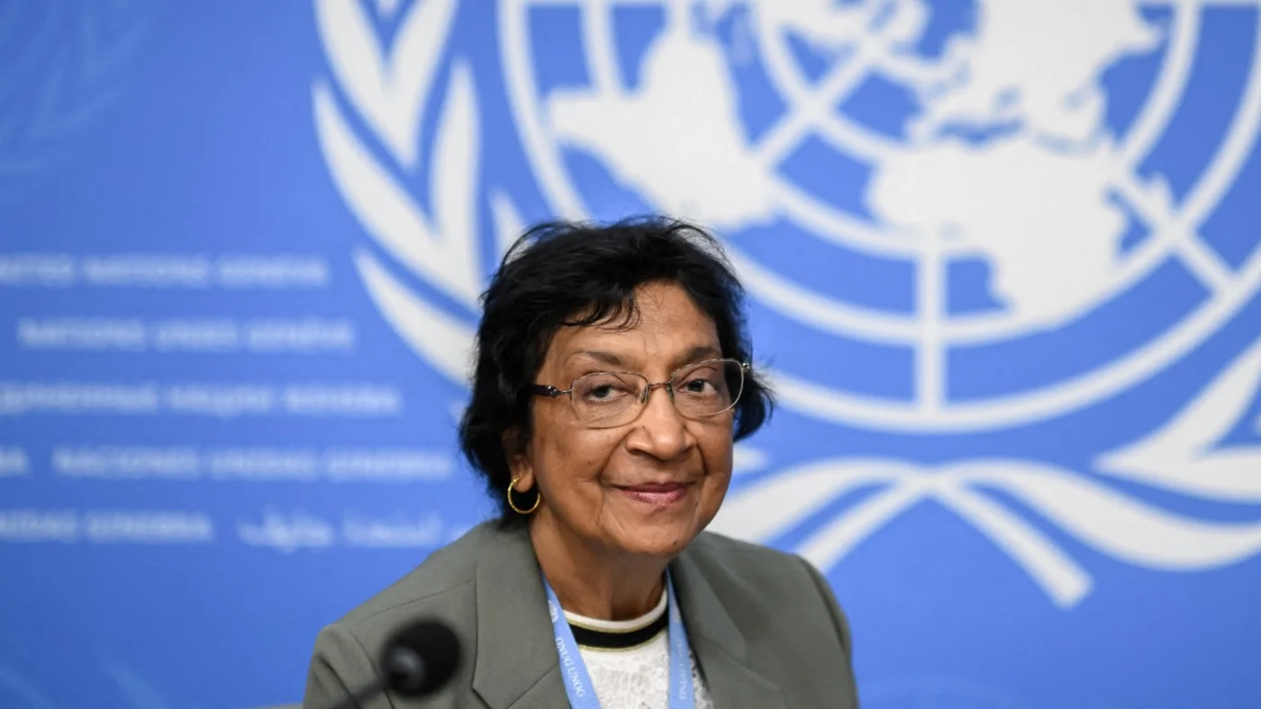 South African judge Navi Pillay, chair of the independent UN Commission of Inquiry on the Occupied Palestinian Territory, including East Jerusalem and Israel, speaks in Geneva, 18 June 2025 (Fabrice Coffrini/AFP)