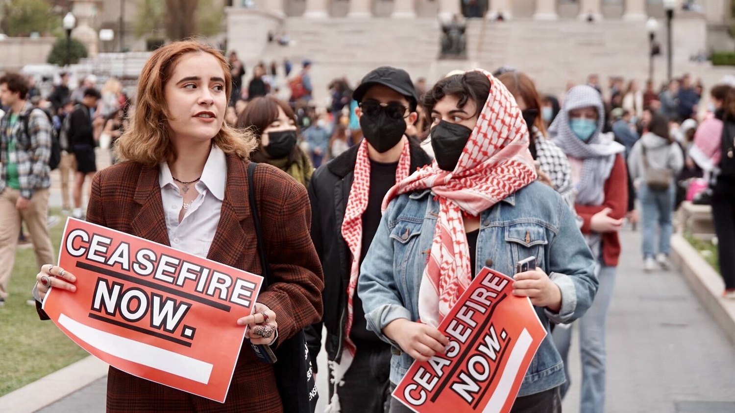 Students protest near the Gaza solidarity encampment at the heart of Columbia University's campus, on 17 April 2024.