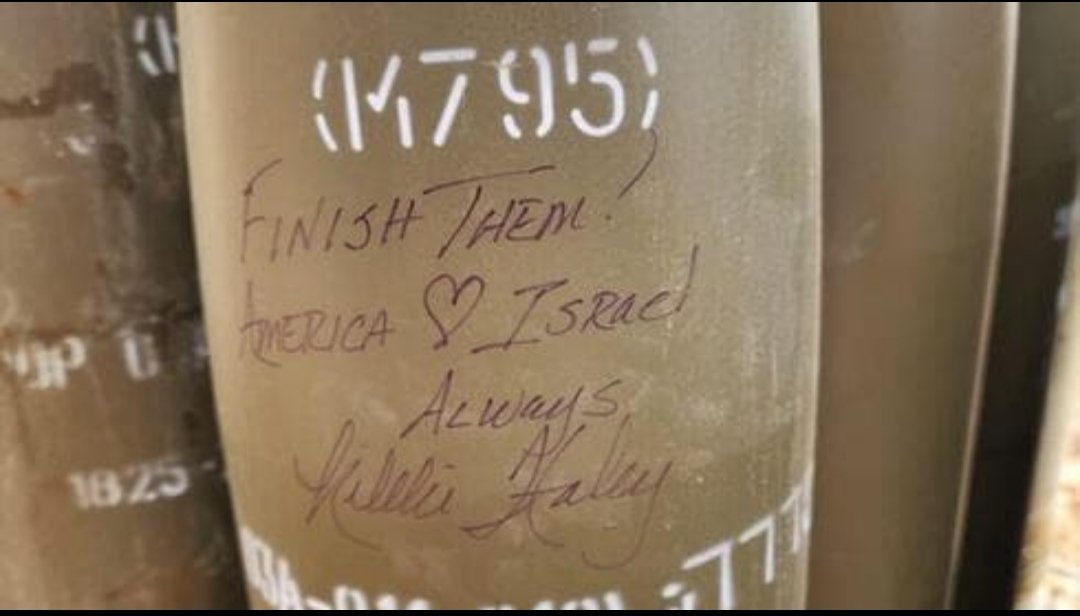 Nikki Haley's signature on an Israeli bomb with the message 